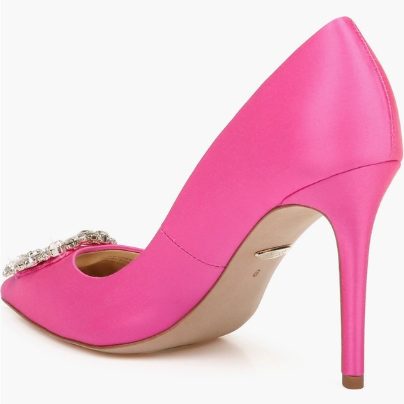 Badgley Mischka Cher Crystal Embellished Brooch Satin Pump Heels in Hot Pink - Picture 5 of 11